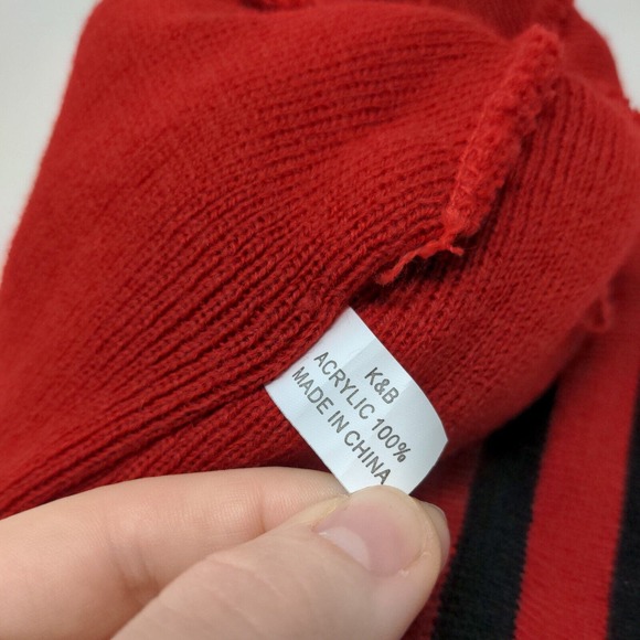 K&B Men's Knit Beanie Hat Cap Red Black Striped 100% Acrylic Pom Pom - Picture 11 of 11